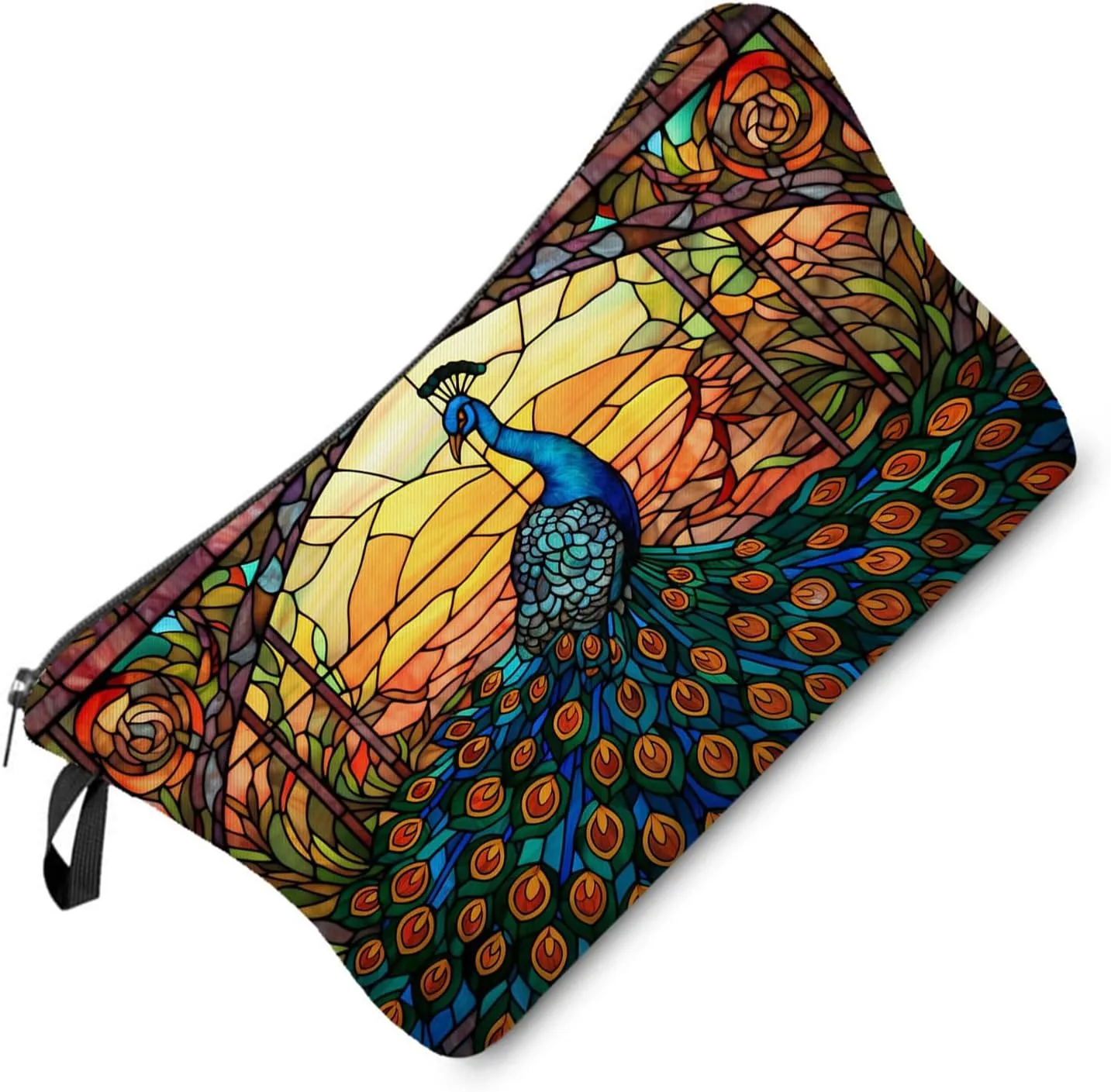 Stained Glass Peacock Makeup Bag Colorful Peacock Cute Small Organizer Bag Zipper Pouch Stained Glass Design Peacock Cosmetic Bag Present for Women Friends