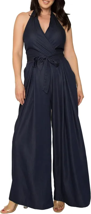 Standards & Practices Women's Deep V-Neck Halter Backless Indigo Tencel Wide Leg Jumpsuit