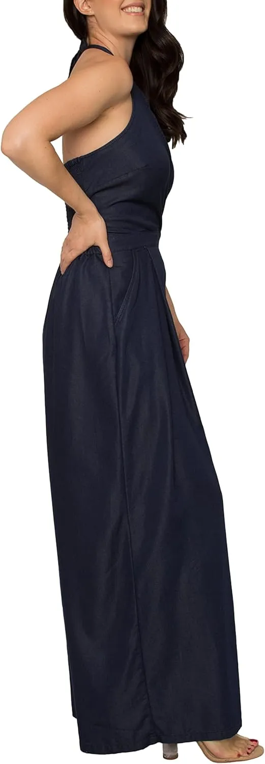Standards & Practices Women's Deep V-Neck Halter Backless Indigo Tencel Wide Leg Jumpsuit