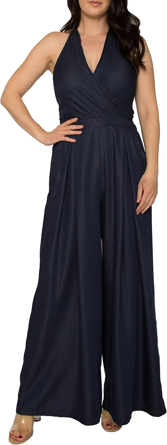 Standards & Practices Women's Deep V-Neck Halter Backless Indigo Tencel Wide Leg Jumpsuit