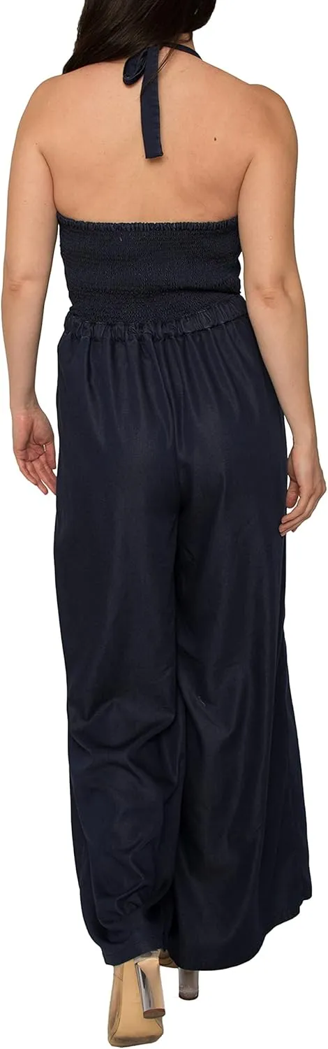 Standards & Practices Women's Deep V-Neck Halter Backless Indigo Tencel Wide Leg Jumpsuit