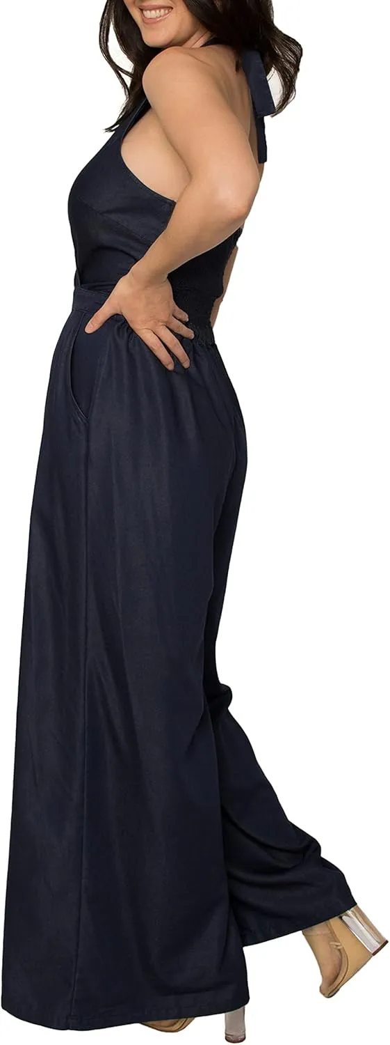 Standards & Practices Women's Deep V-Neck Halter Backless Indigo Tencel Wide Leg Jumpsuit