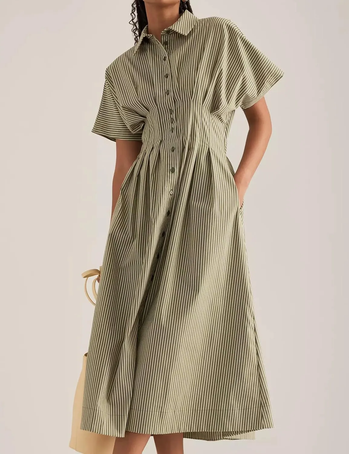 Striped Button Pleated Shirt Maxi Dress for Women Summer Short Sleeve Collar V Neck Corset Long Dress