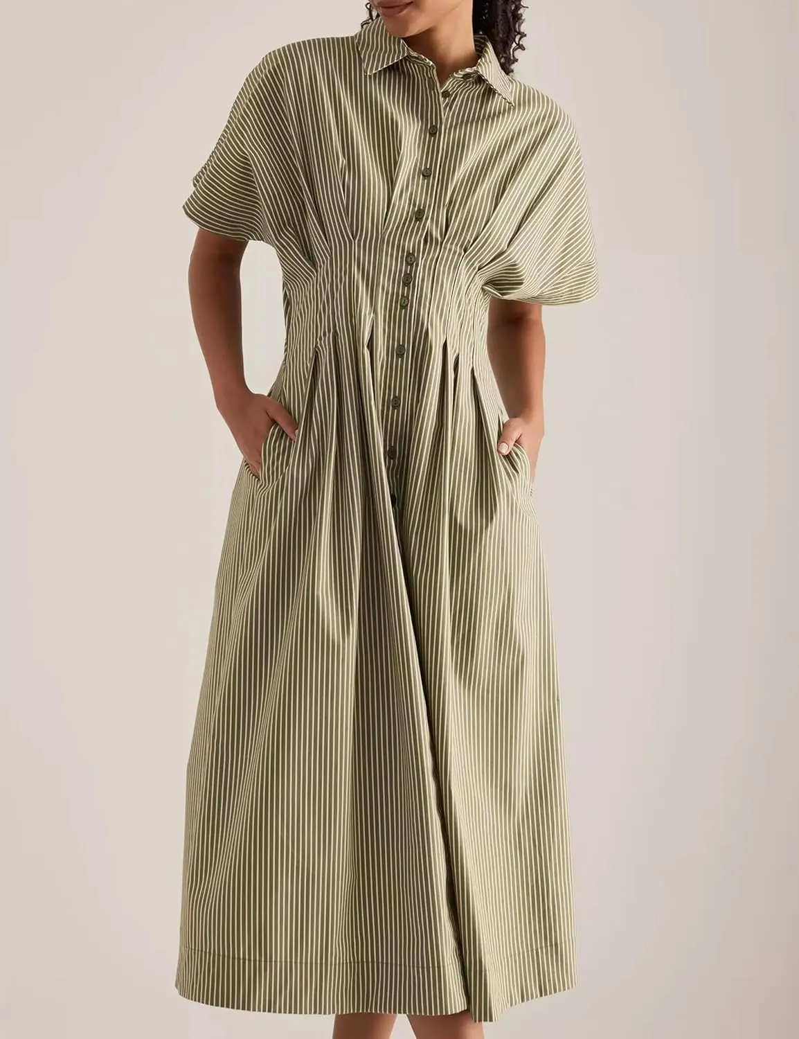 Striped Button Pleated Shirt Maxi Dress for Women Summer Short Sleeve Collar V Neck Corset Long Dress