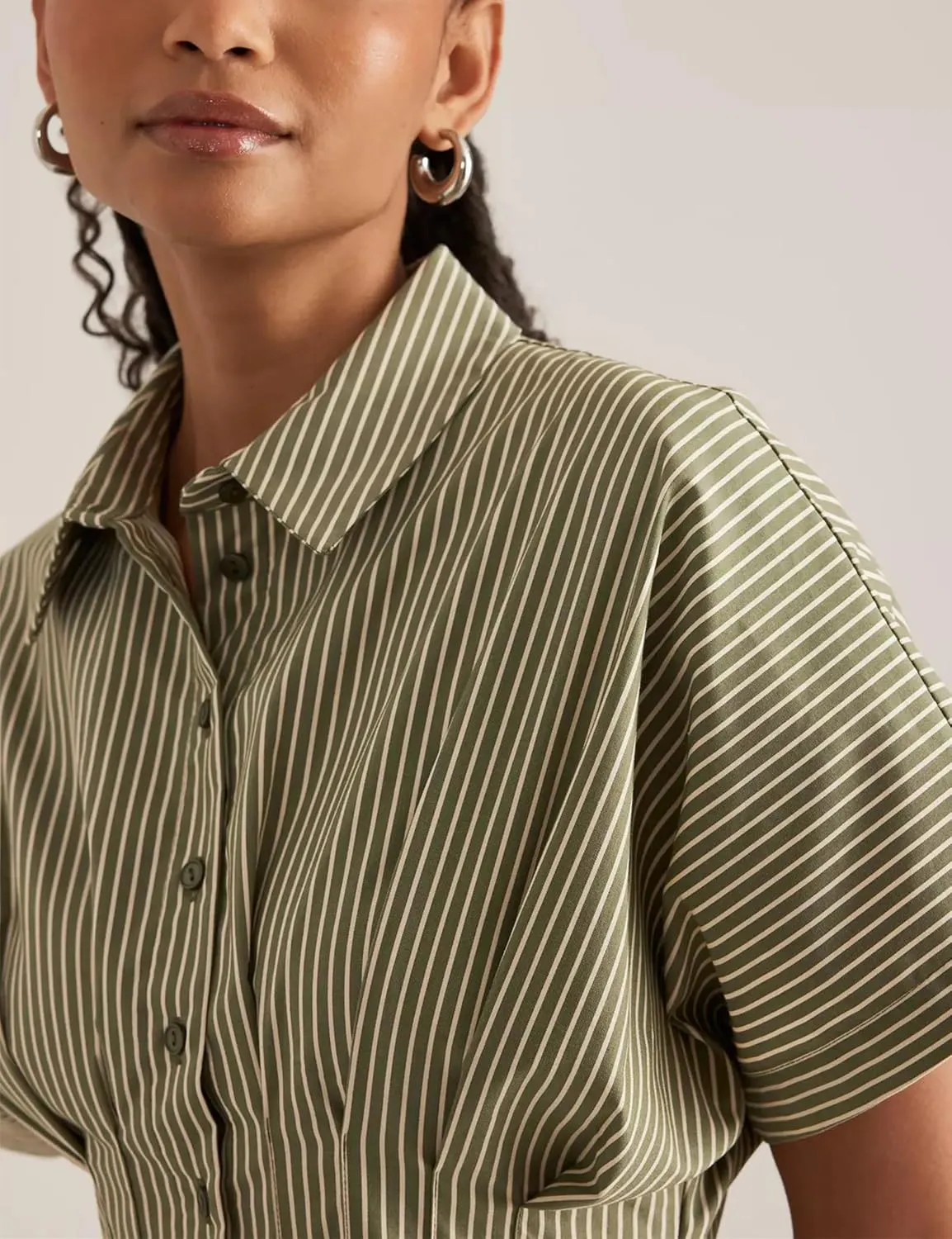 Striped Button Pleated Shirt Maxi Dress for Women Summer Short Sleeve Collar V Neck Corset Long Dress