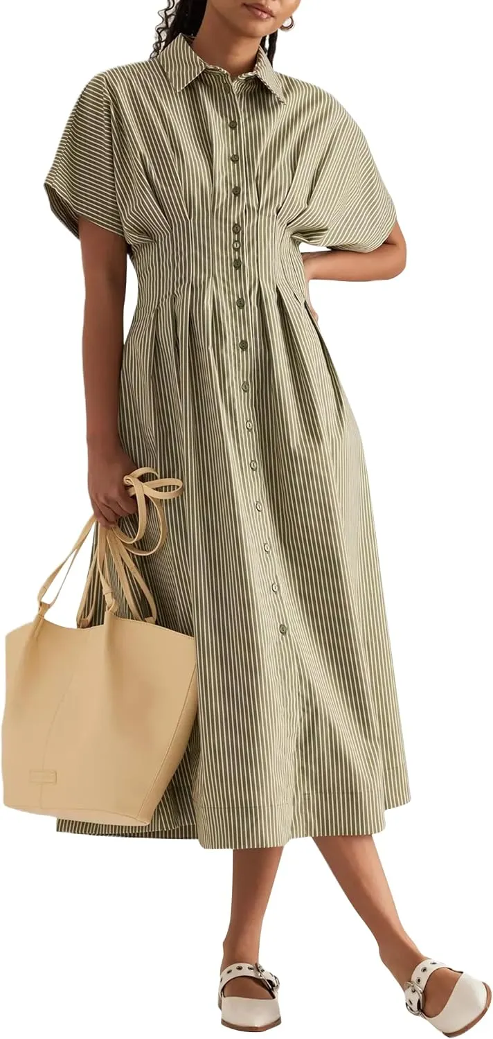 Striped Button Pleated Shirt Maxi Dress for Women Summer Short Sleeve Collar V Neck Corset Long Dress