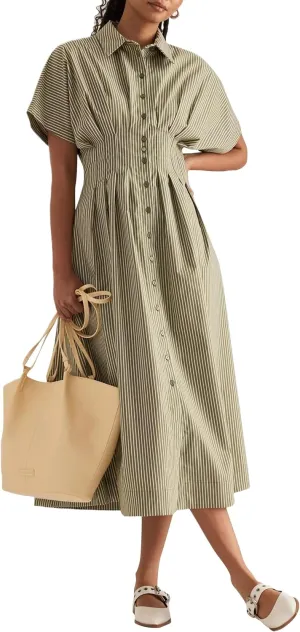 Striped Button Pleated Shirt Maxi Dress for Women Summer Short Sleeve Collar V Neck Corset Long Dress