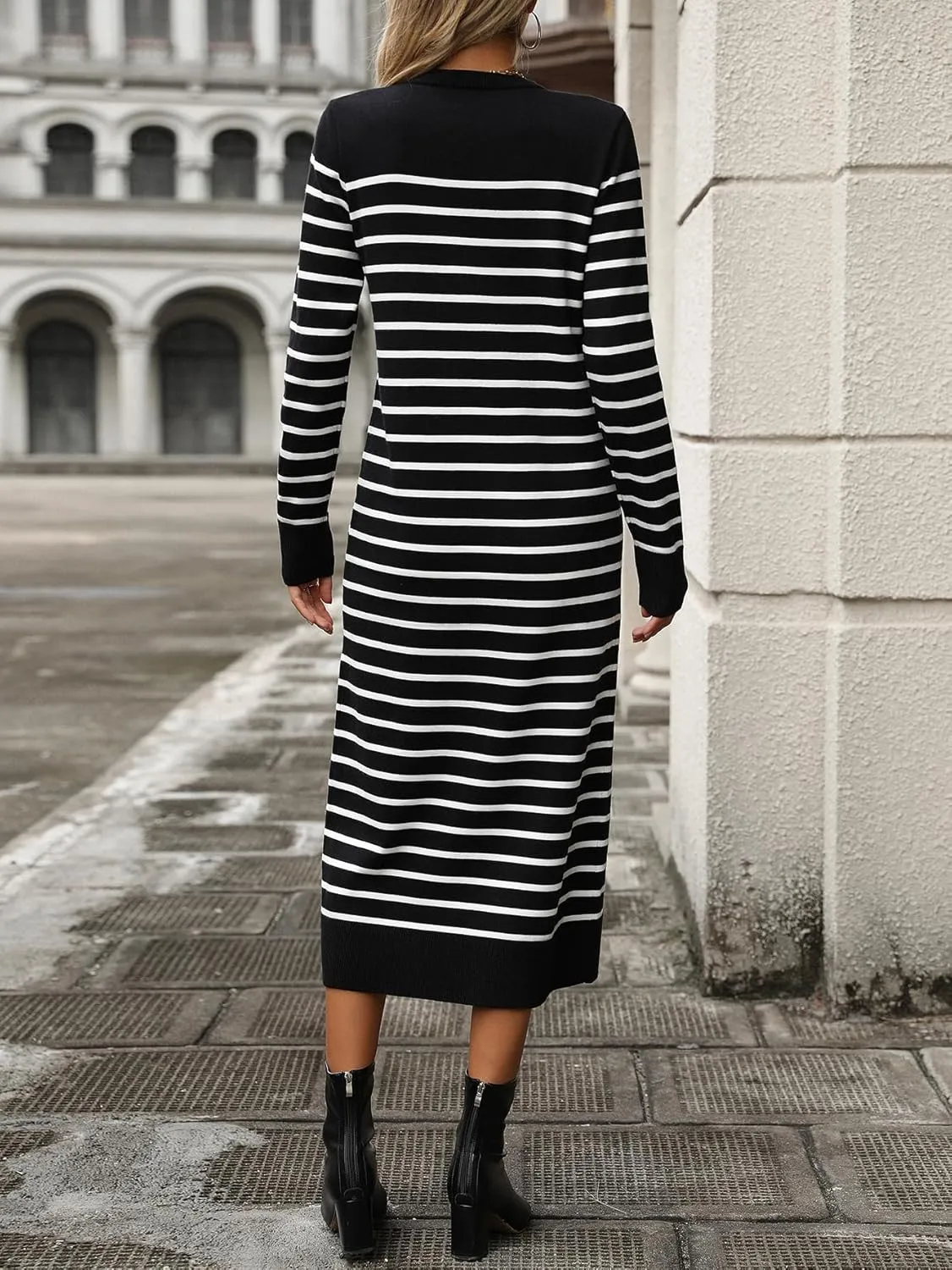 Sumleno Womens Striped Sweater Dress Crew Neck Long Sleeve Slim Fit Knit Midi Maxi Dress Trendy Fall Winter Long Dress
