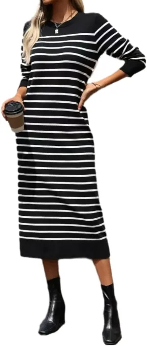 Sumleno Womens Striped Sweater Dress Crew Neck Long Sleeve Slim Fit Knit Midi Maxi Dress Trendy Fall Winter Long Dress