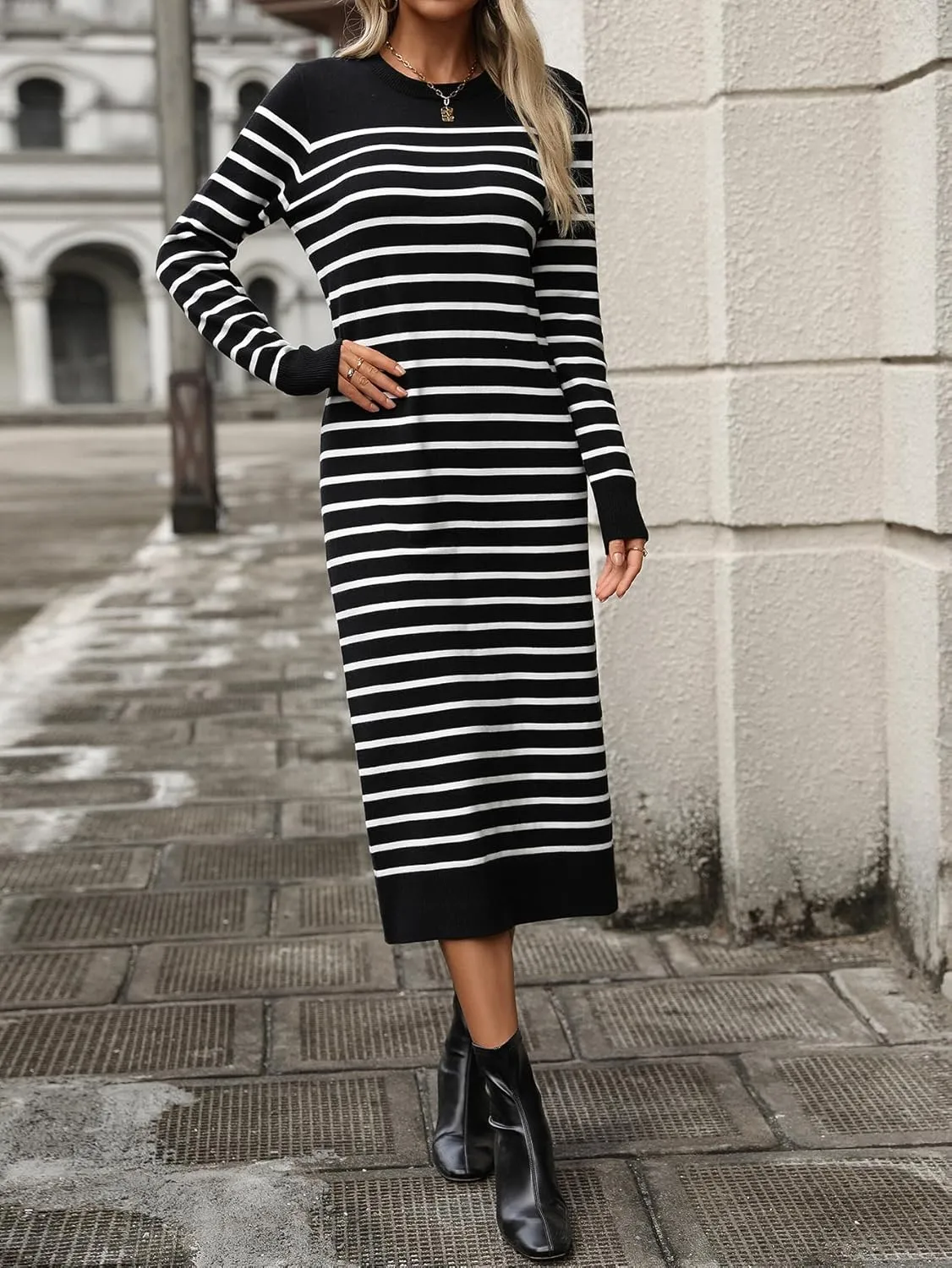 Sumleno Womens Striped Sweater Dress Crew Neck Long Sleeve Slim Fit Knit Midi Maxi Dress Trendy Fall Winter Long Dress