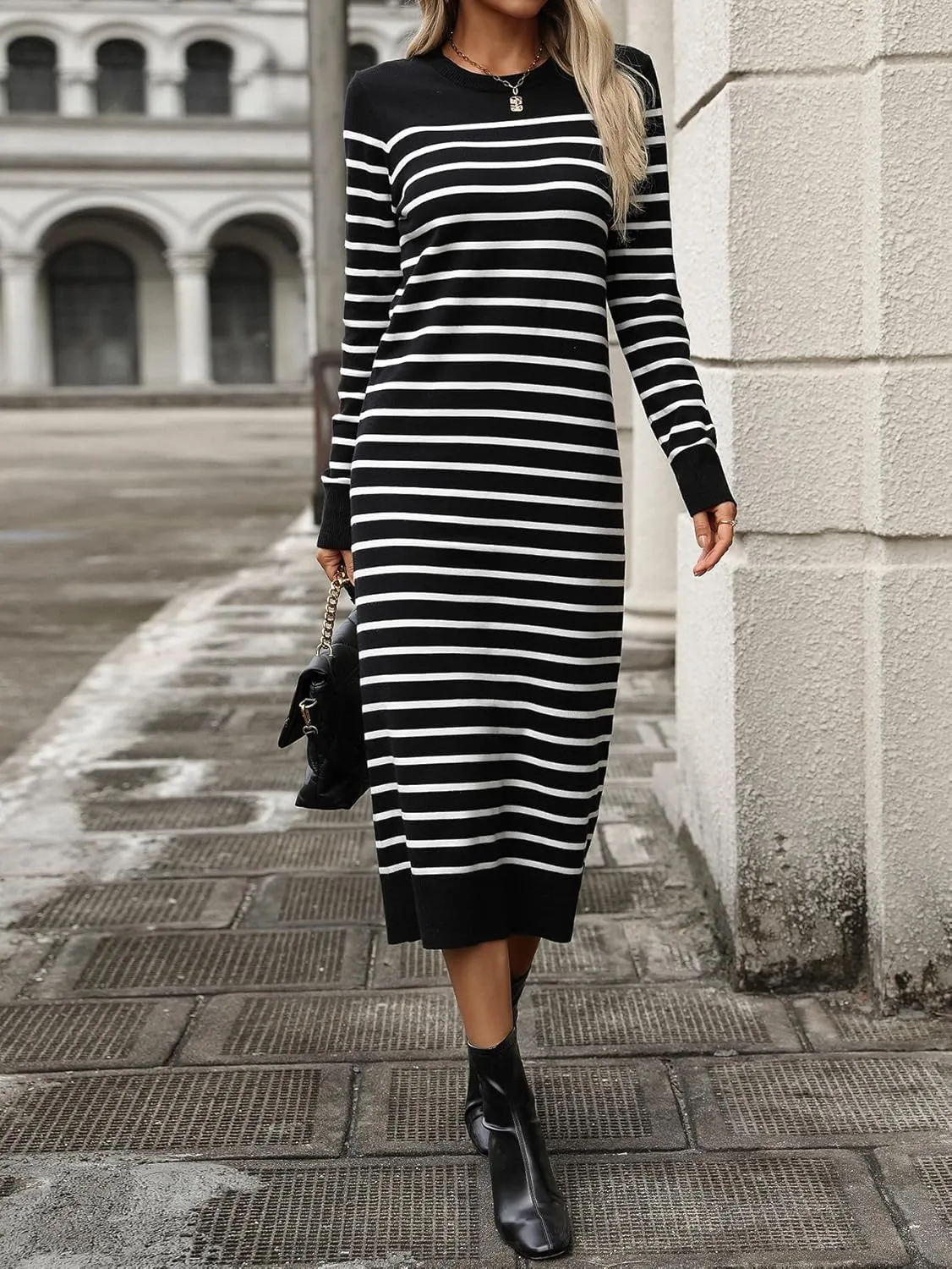 Sumleno Womens Striped Sweater Dress Crew Neck Long Sleeve Slim Fit Knit Midi Maxi Dress Trendy Fall Winter Long Dress