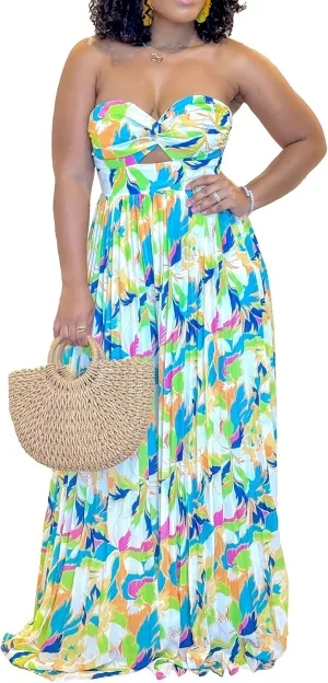 Summer Jumpsuits Women's Sexy Strapless Tube Floral Printed Boho Wide Leg Rompers