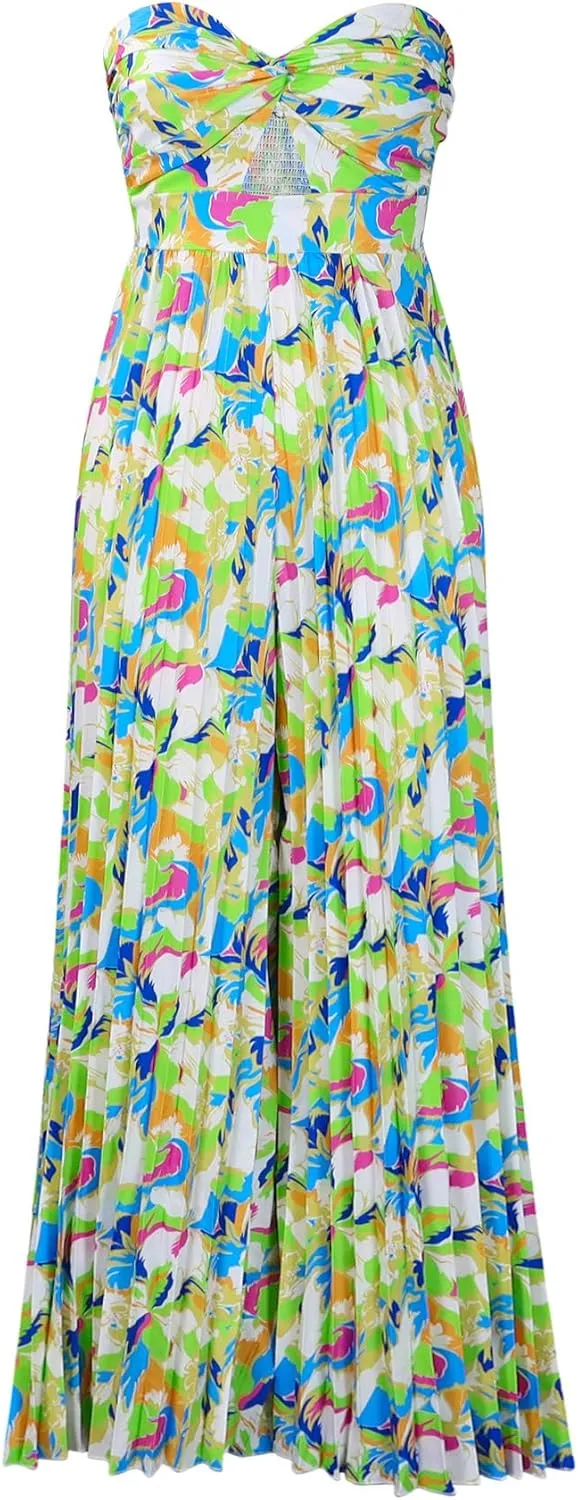 Summer Jumpsuits Women's Sexy Strapless Tube Floral Printed Boho Wide Leg Rompers