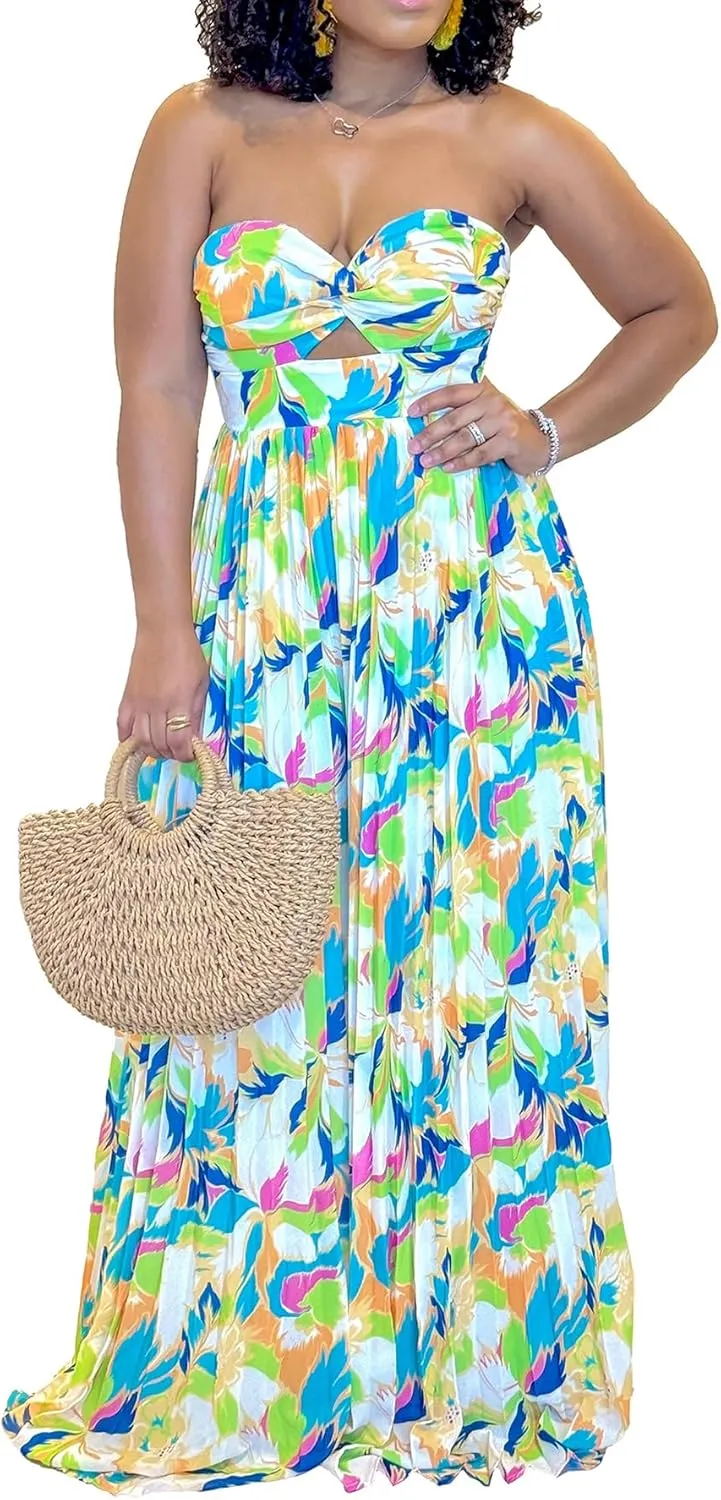 Summer Jumpsuits Women's Sexy Strapless Tube Floral Printed Boho Wide Leg Rompers
