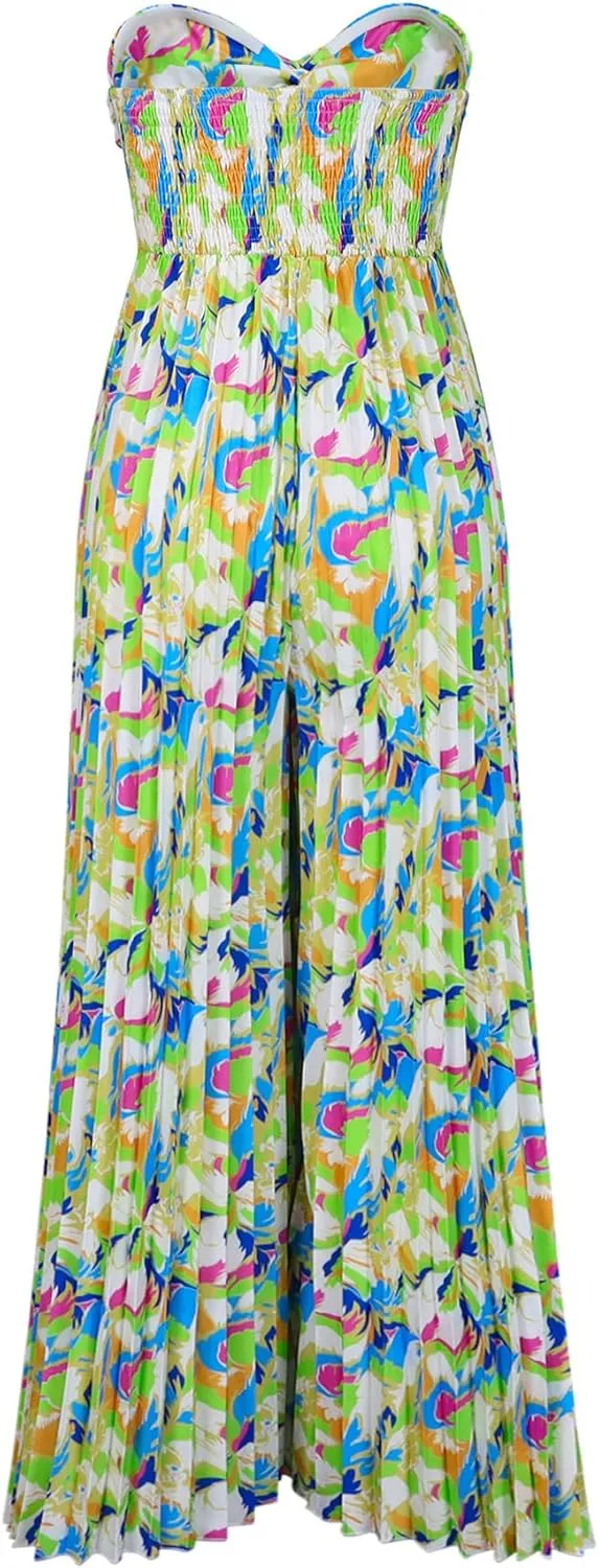 Summer Jumpsuits Women's Sexy Strapless Tube Floral Printed Boho Wide Leg Rompers