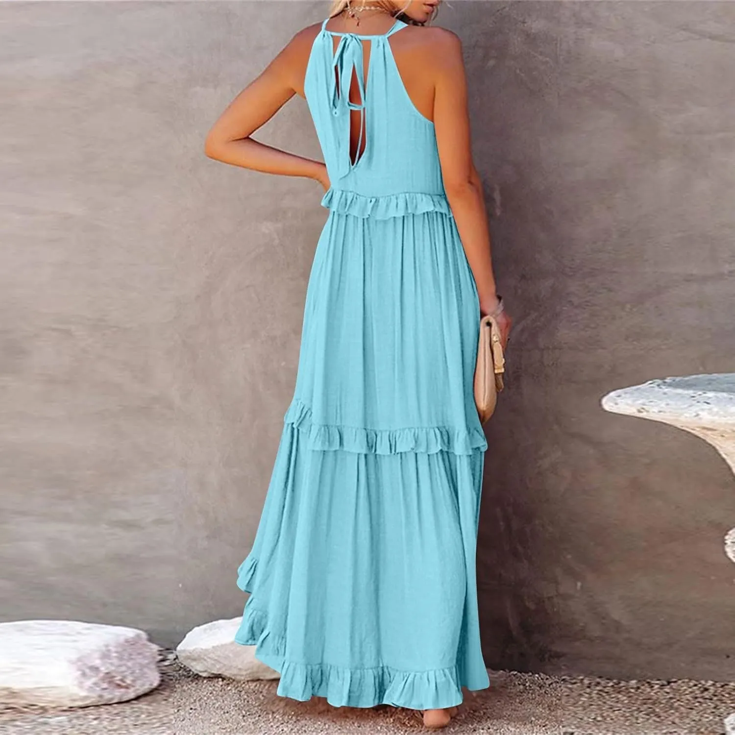 Summer Sleeveless Dress for Women Crew Halter Neck Tiered Pleated Loose Flowy Ruffle Maxi Sundress for Beach Vacation