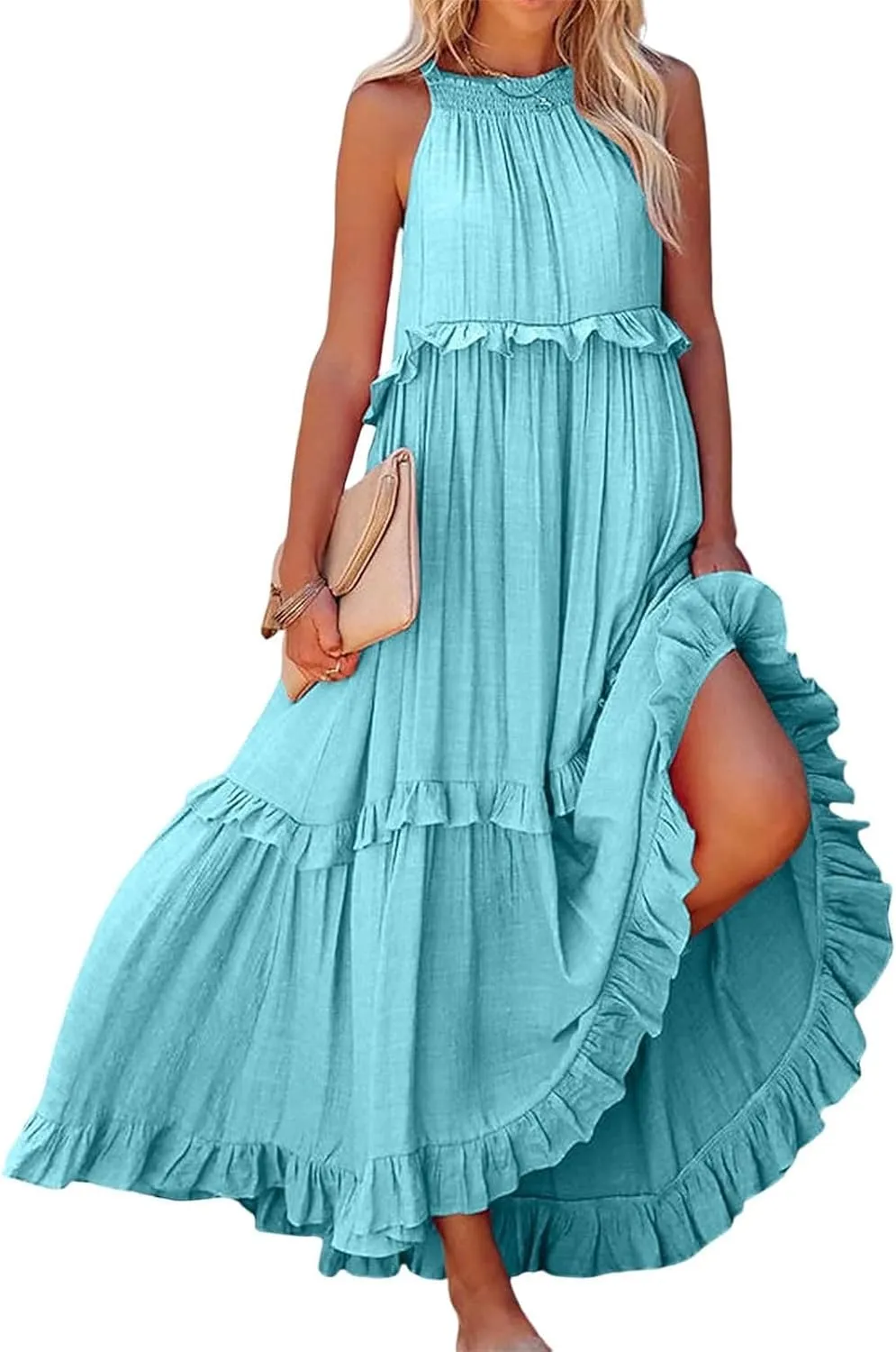 Summer Sleeveless Dress for Women Crew Halter Neck Tiered Pleated Loose Flowy Ruffle Maxi Sundress for Beach Vacation