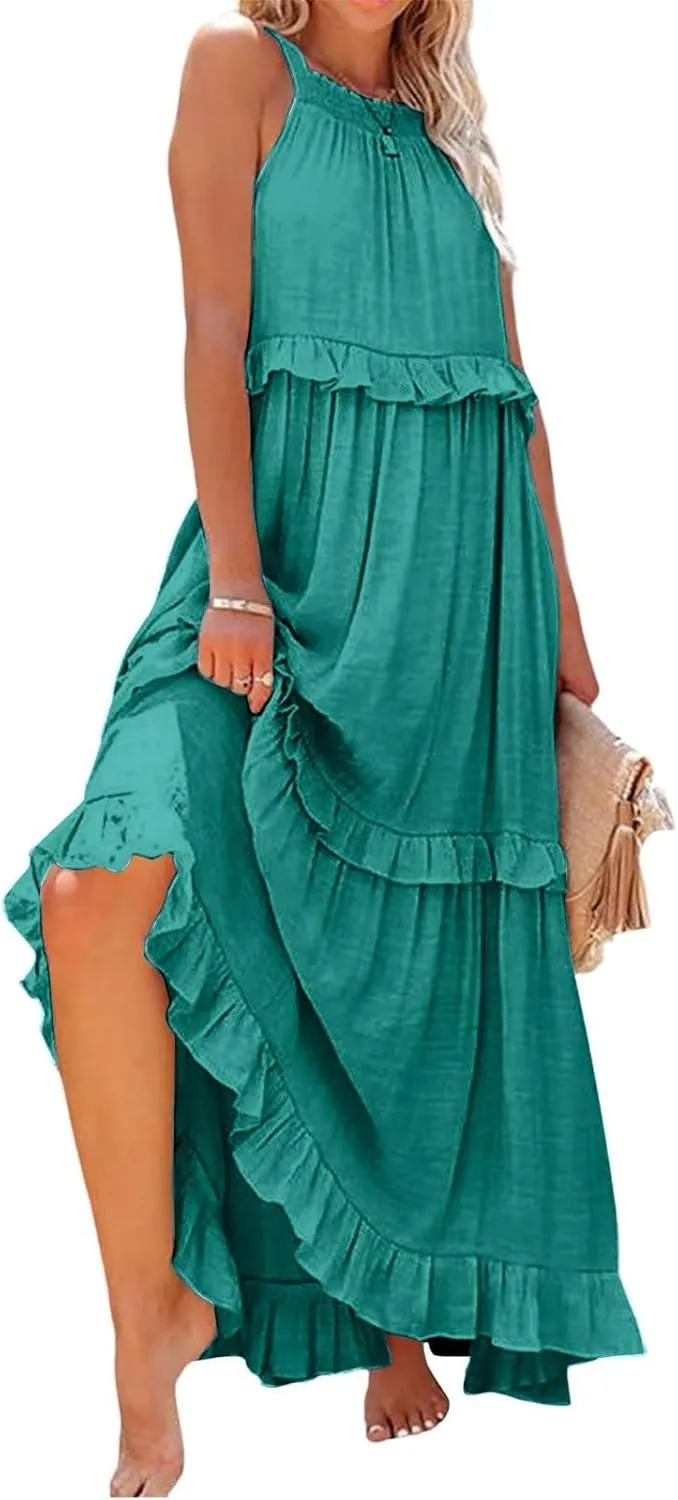 Summer Sleeveless Dress for Women Crew Halter Neck Tiered Pleated Loose Flowy Ruffle Maxi Sundress for Beach Vacation