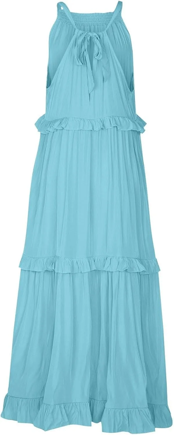 Summer Sleeveless Dress for Women Crew Halter Neck Tiered Pleated Loose Flowy Ruffle Maxi Sundress for Beach Vacation