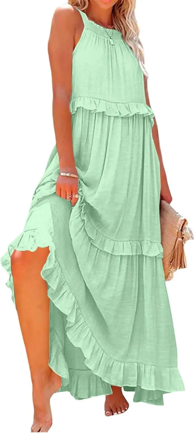 Summer Sleeveless Dress for Women Crew Halter Neck Tiered Pleated Loose Flowy Ruffle Maxi Sundress for Beach Vacation