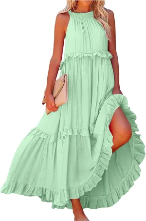 Summer Sleeveless Dress for Women Crew Halter Neck Tiered Pleated Loose Flowy Ruffle Maxi Sundress for Beach Vacation