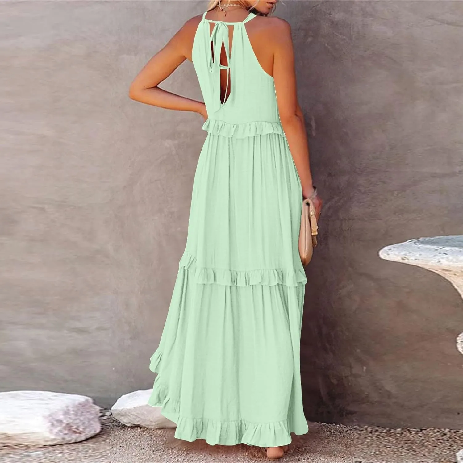 Summer Sleeveless Dress for Women Crew Halter Neck Tiered Pleated Loose Flowy Ruffle Maxi Sundress for Beach Vacation