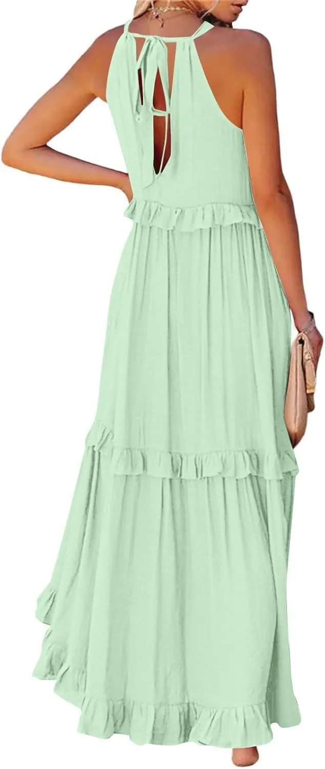 Summer Sleeveless Dress for Women Crew Halter Neck Tiered Pleated Loose Flowy Ruffle Maxi Sundress for Beach Vacation
