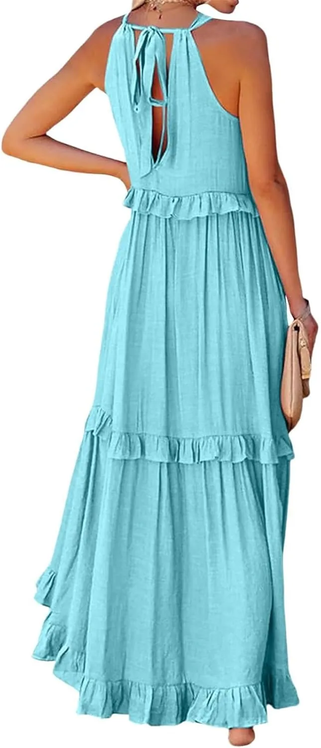 Summer Sleeveless Dress for Women Crew Halter Neck Tiered Pleated Loose Flowy Ruffle Maxi Sundress for Beach Vacation