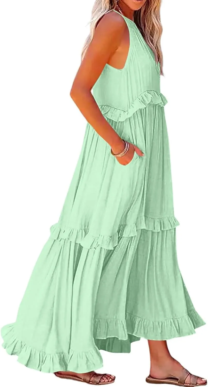 Summer Sleeveless Dress for Women Crew Halter Neck Tiered Pleated Loose Flowy Ruffle Maxi Sundress for Beach Vacation