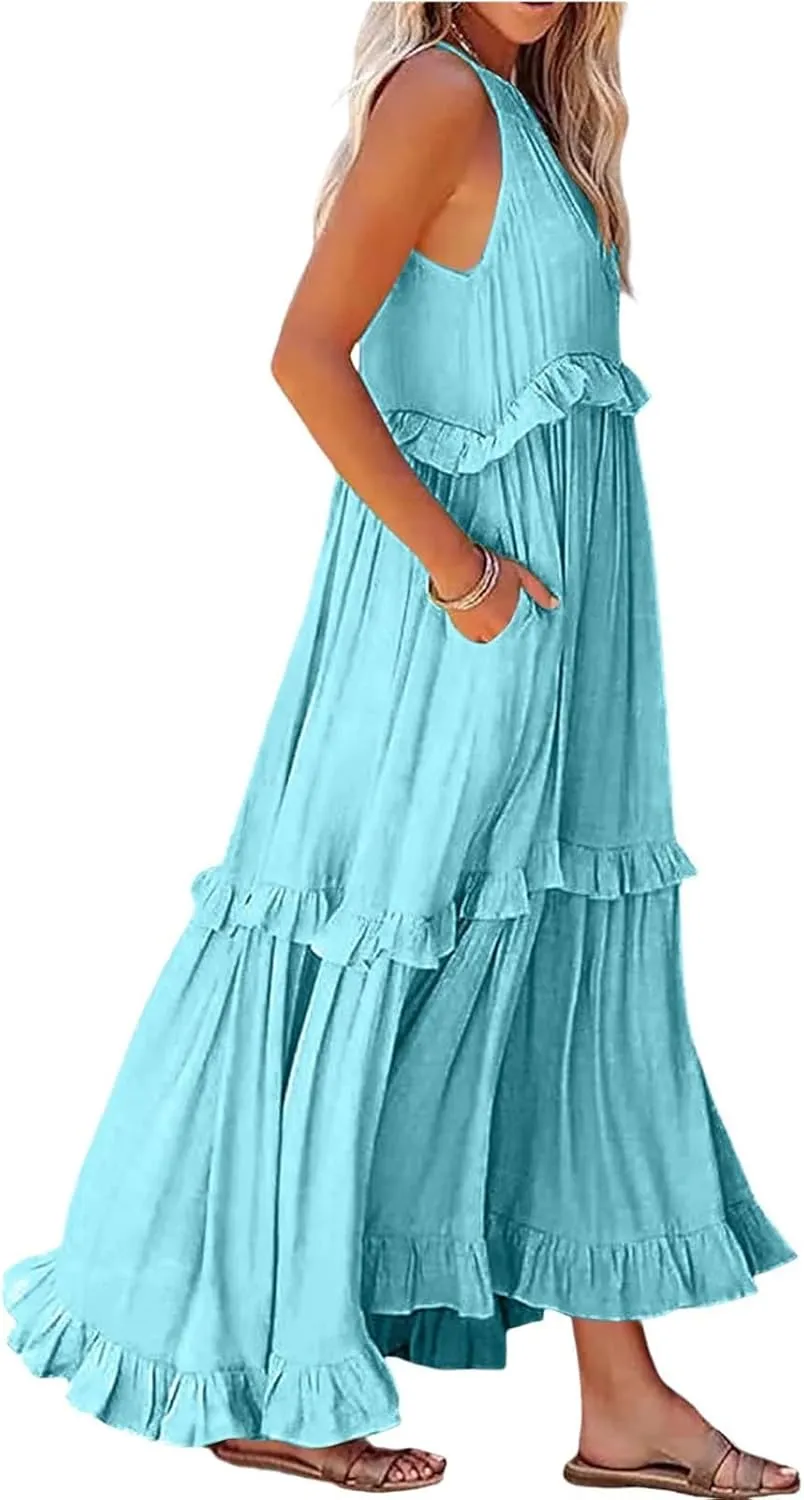 Summer Sleeveless Dress for Women Crew Halter Neck Tiered Pleated Loose Flowy Ruffle Maxi Sundress for Beach Vacation