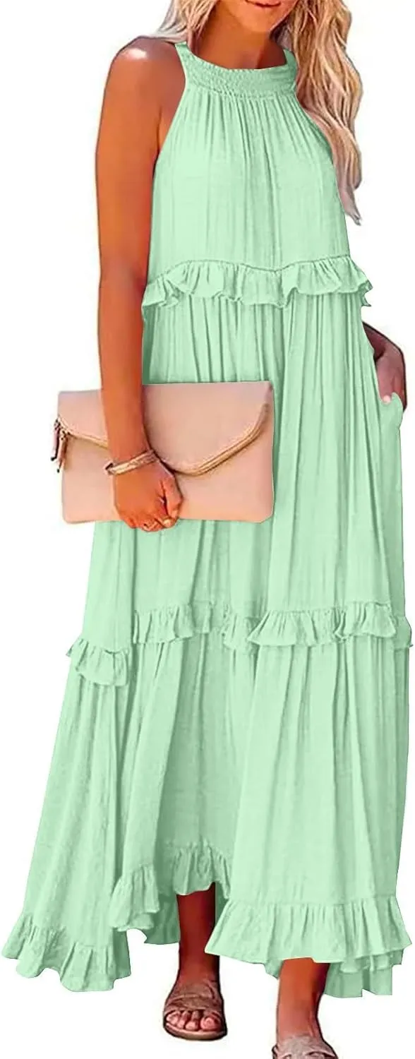 Summer Sleeveless Dress for Women Crew Halter Neck Tiered Pleated Loose Flowy Ruffle Maxi Sundress for Beach Vacation