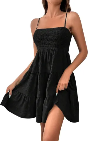 Sundresses for Women Casual Square Neck Spaghetti Strap Dress A Line Sleeveless Smocked Sundress Tiered Beach Dress