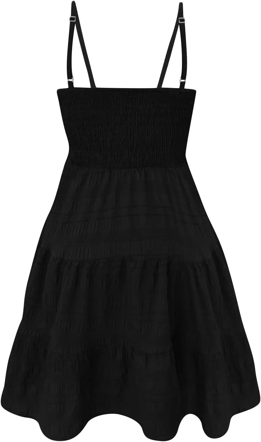 Sundresses for Women Casual Square Neck Spaghetti Strap Dress A Line Sleeveless Smocked Sundress Tiered Beach Dress