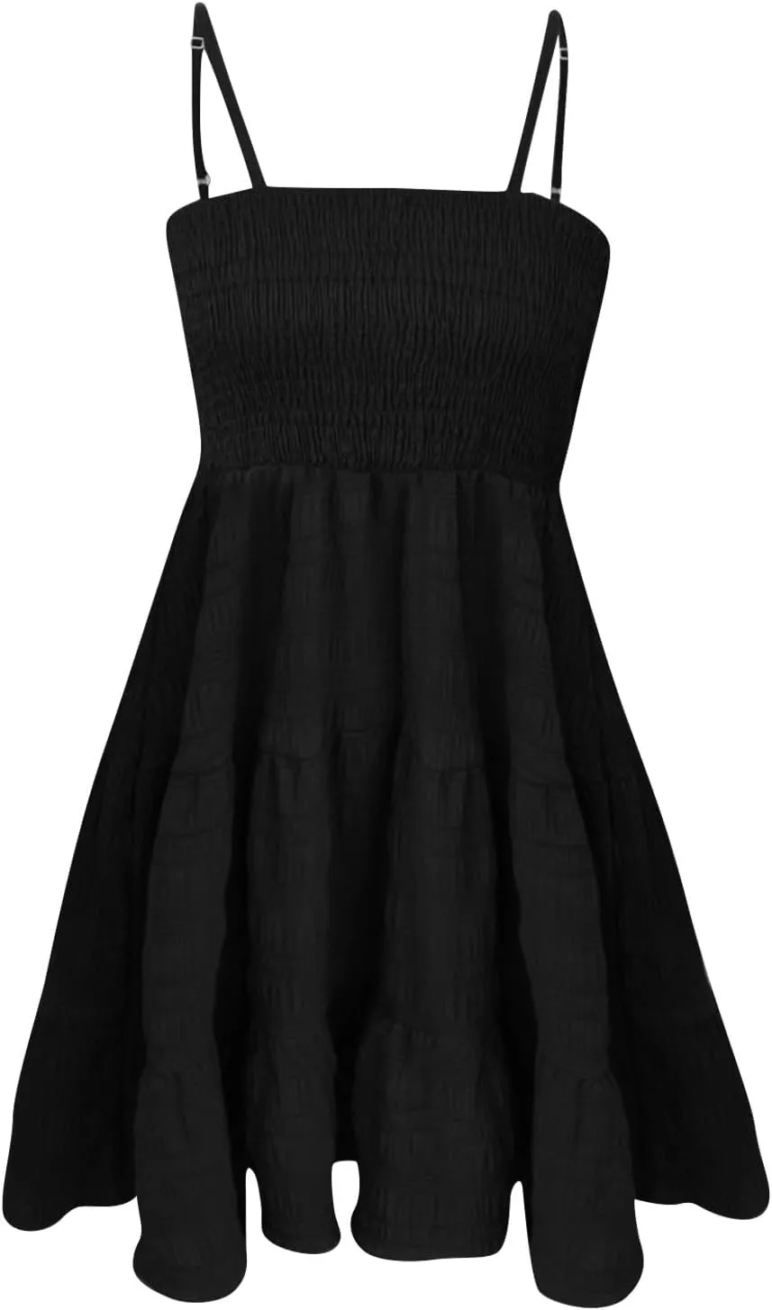 Sundresses for Women Casual Square Neck Spaghetti Strap Dress A Line Sleeveless Smocked Sundress Tiered Beach Dress