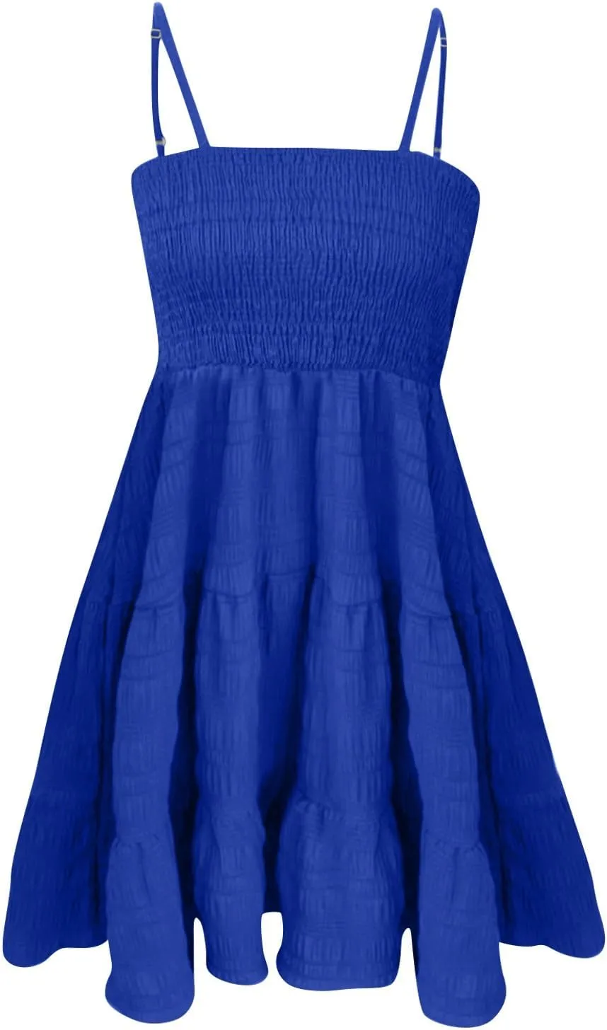 Sundresses for Women Casual Square Neck Spaghetti Strap Dress A Line Sleeveless Smocked Sundress Tiered Beach Dress