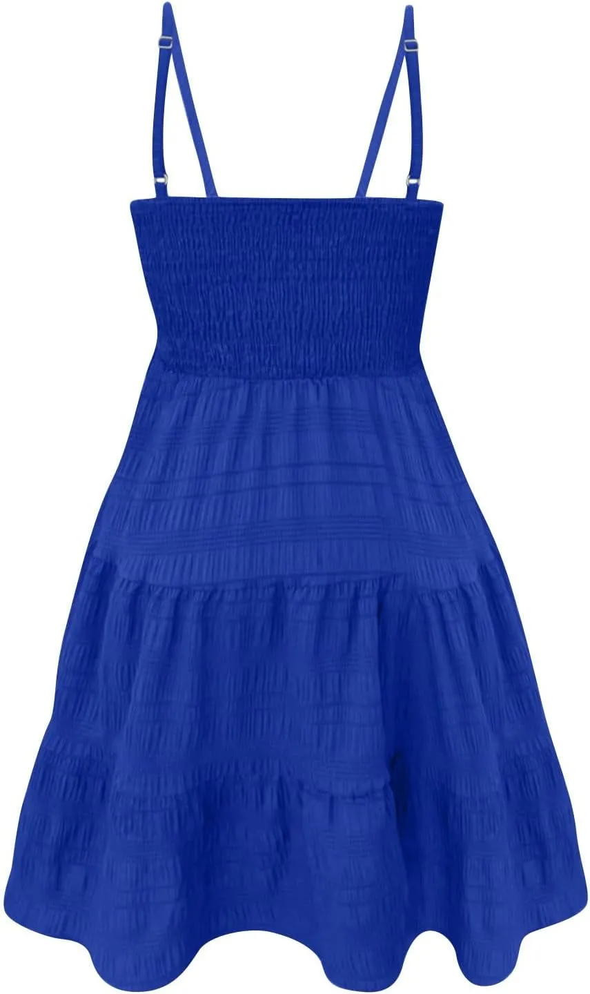 Sundresses for Women Casual Square Neck Spaghetti Strap Dress A Line Sleeveless Smocked Sundress Tiered Beach Dress