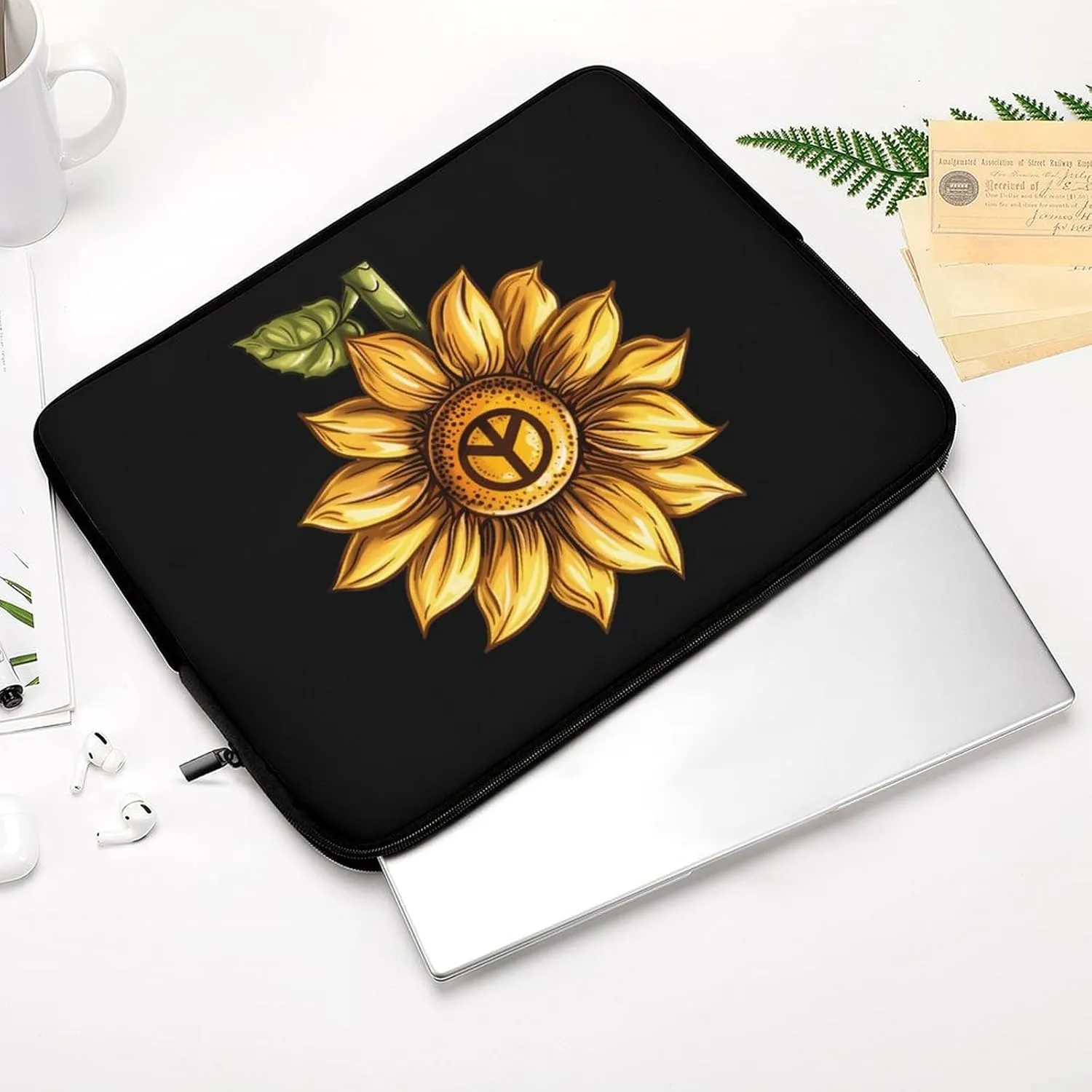 Sunflower Peace Sign Floral Laptop Sleeve Bag Notebook Computer Pocket Case Tablet Briefcase Laptop Carrying Case 15inch
