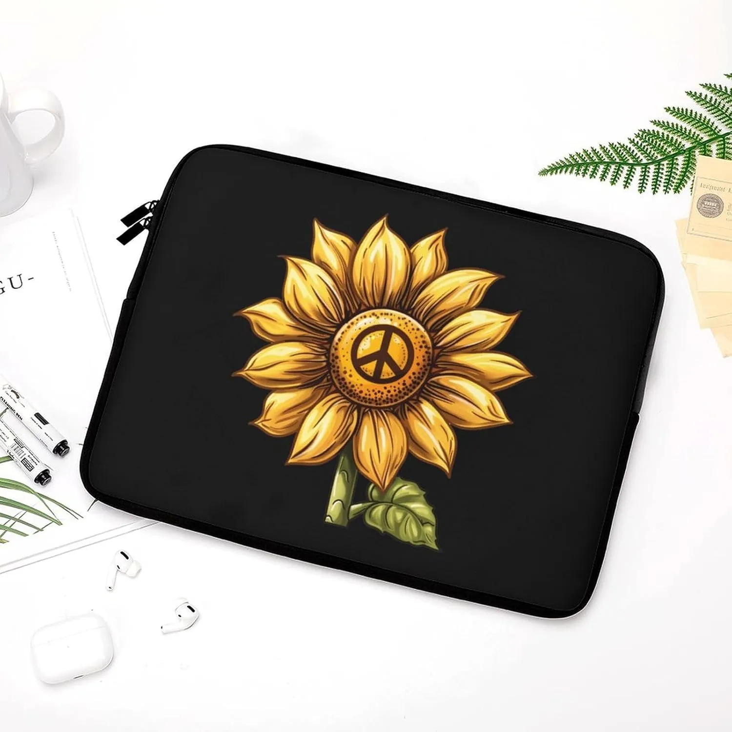 Sunflower Peace Sign Floral Laptop Sleeve Bag Notebook Computer Pocket Case Tablet Briefcase Laptop Carrying Case 15inch