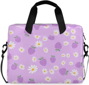 susiyo Daisy Flower Strawberries on Violet Laptop Bag 15.6 Inch Laptop Bag with Shoulder Strap Briefcase for Work College Back to School