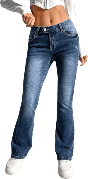 SweatyRocks Women's Low Rise Jeans Casual Zipper Fly Flare Leg Denim Pants with Pocket