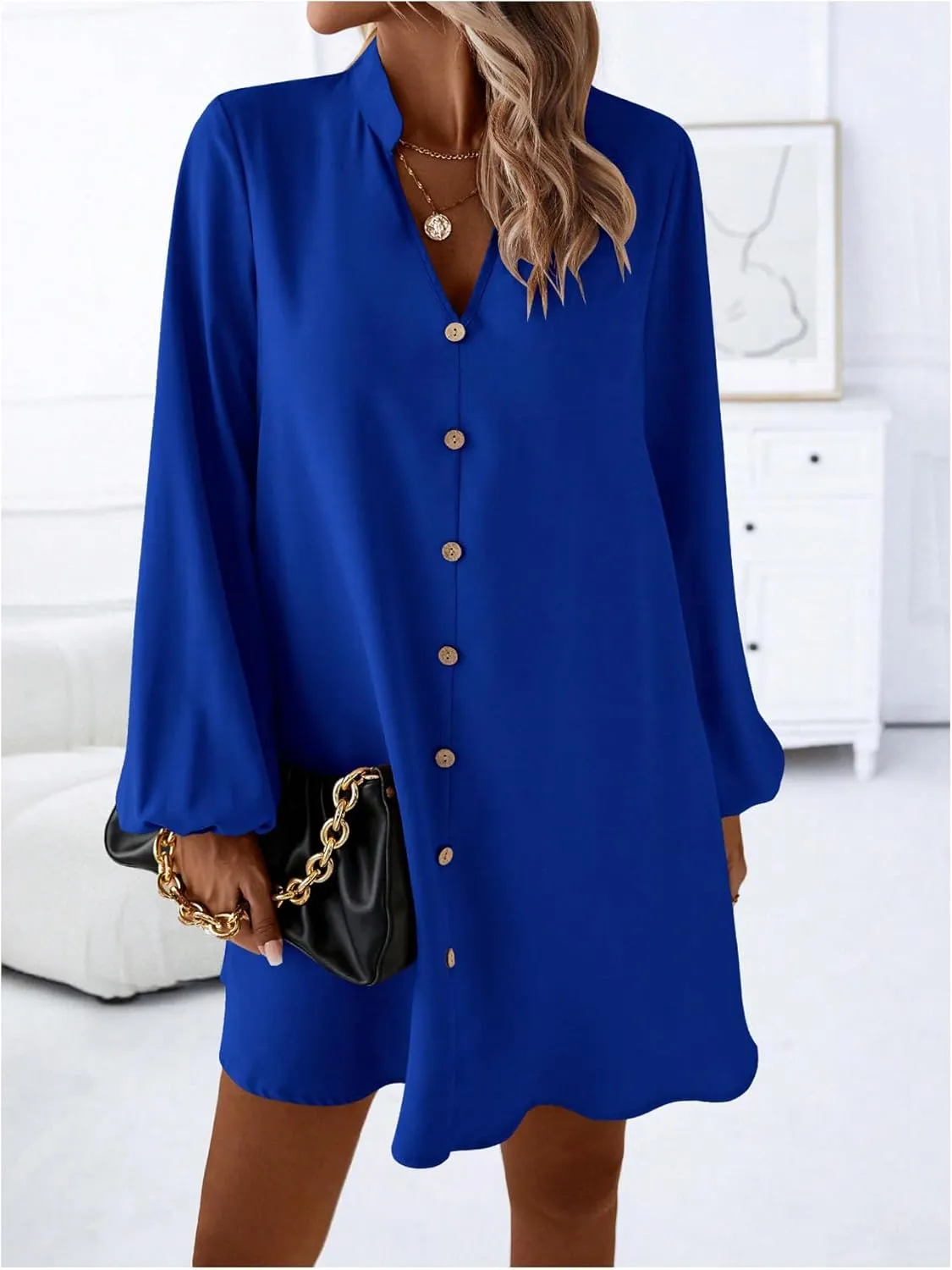 SweatyRocks Women's V Neck Pullover Shirt Dress A Line Long Lantern Sleeve Flared Loose Mini Dresses