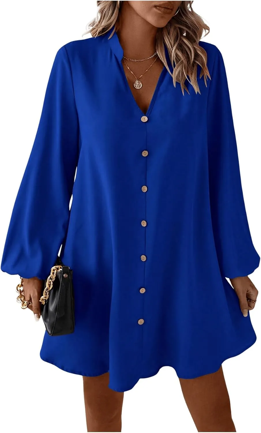 SweatyRocks Women's V Neck Pullover Shirt Dress A Line Long Lantern Sleeve Flared Loose Mini Dresses