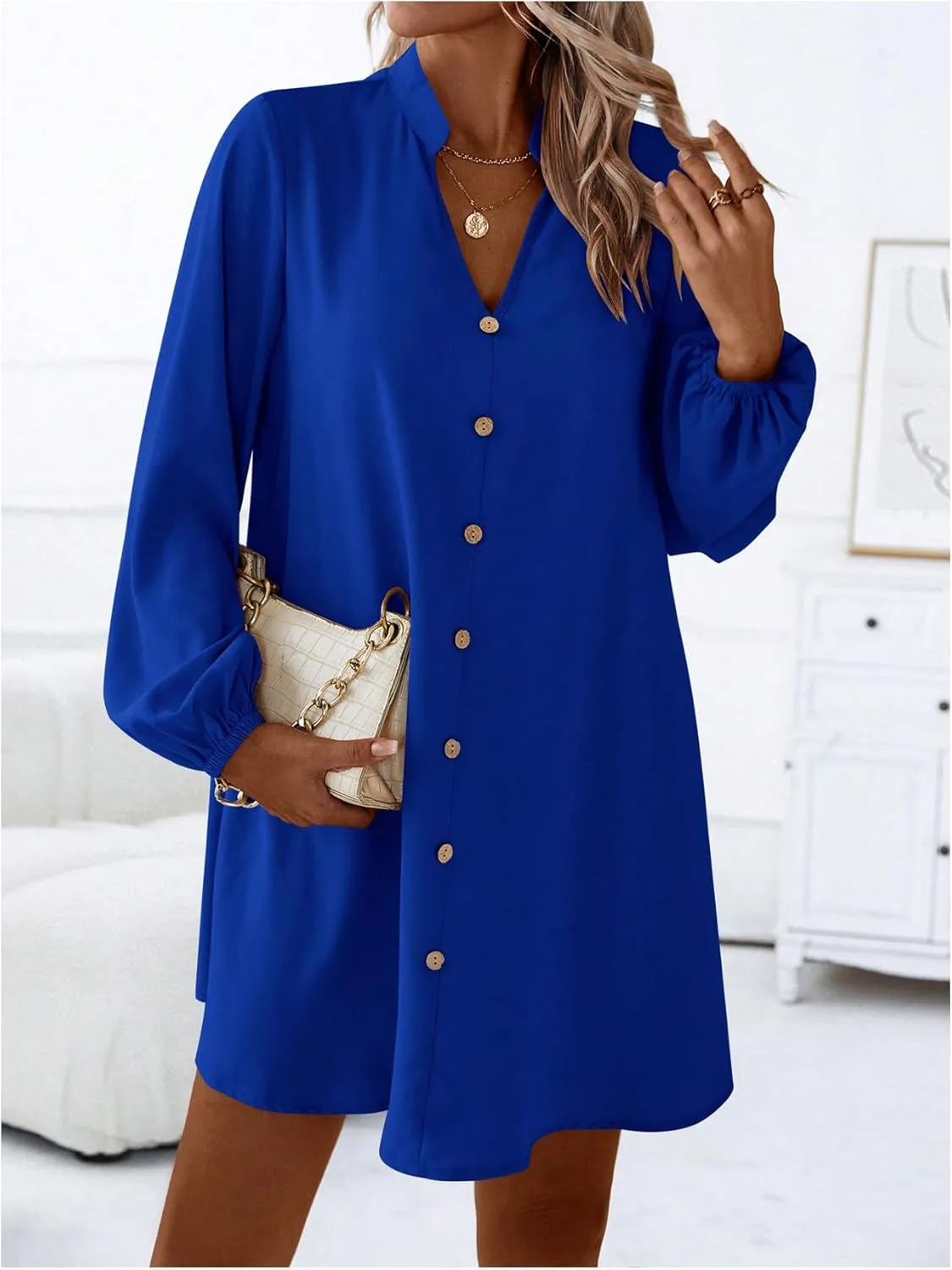 SweatyRocks Women's V Neck Pullover Shirt Dress A Line Long Lantern Sleeve Flared Loose Mini Dresses