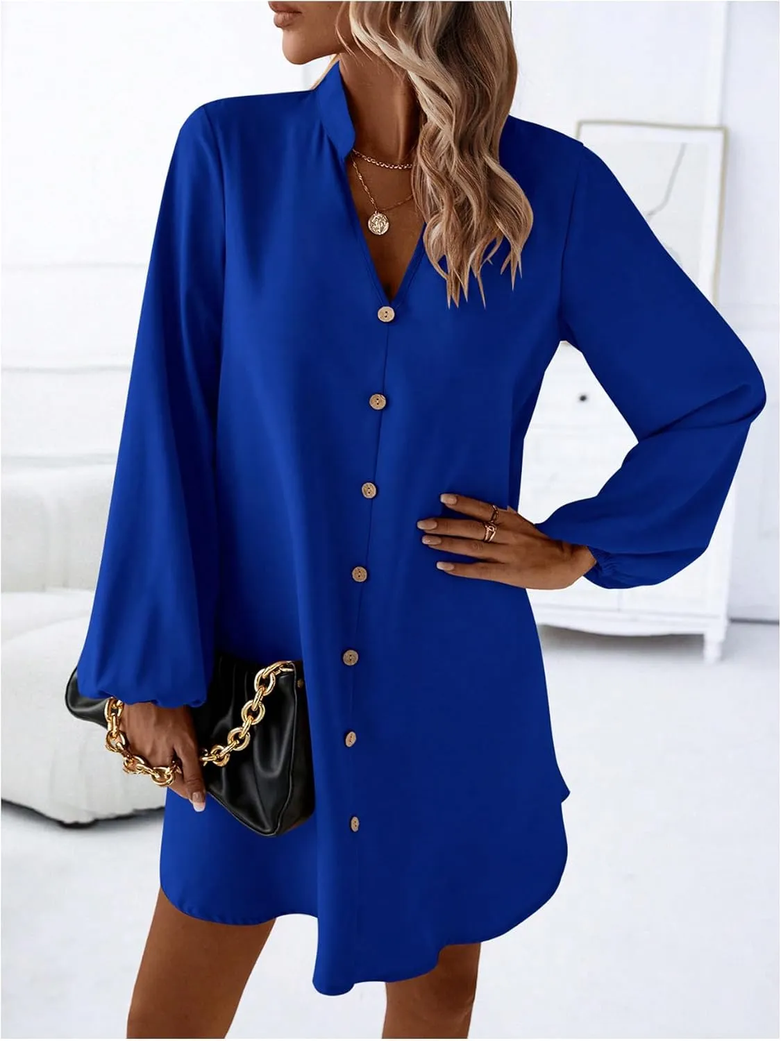 SweatyRocks Women's V Neck Pullover Shirt Dress A Line Long Lantern Sleeve Flared Loose Mini Dresses