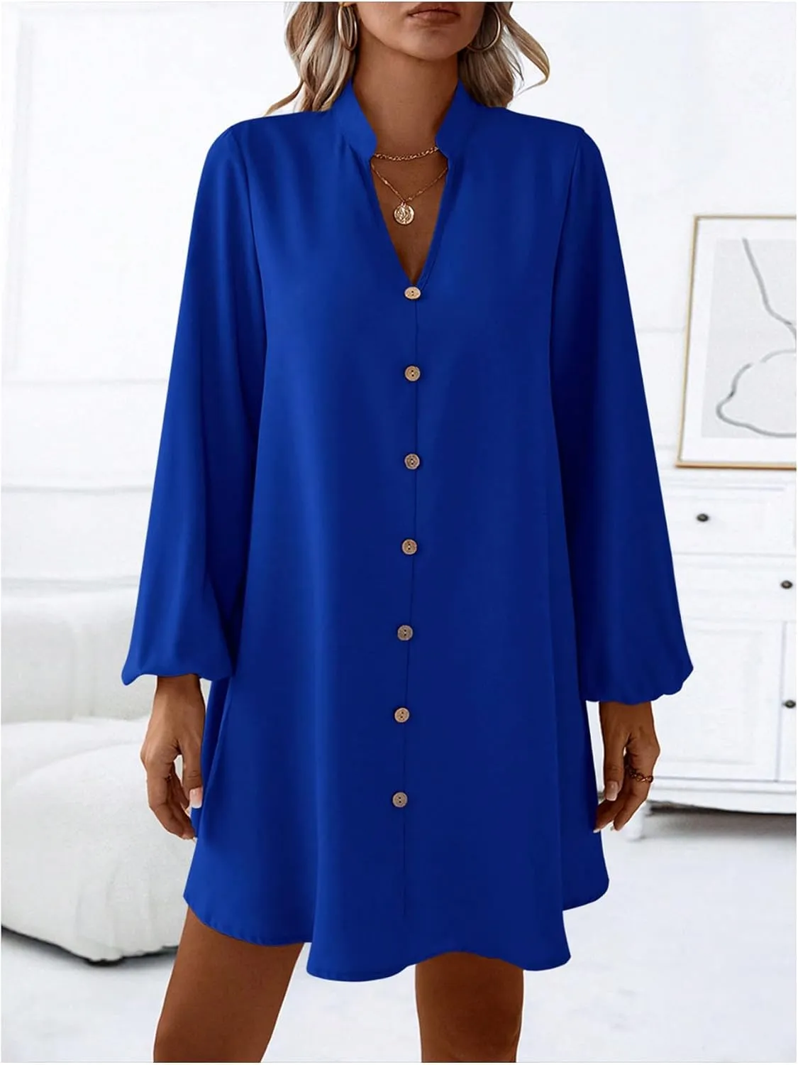 SweatyRocks Women's V Neck Pullover Shirt Dress A Line Long Lantern Sleeve Flared Loose Mini Dresses