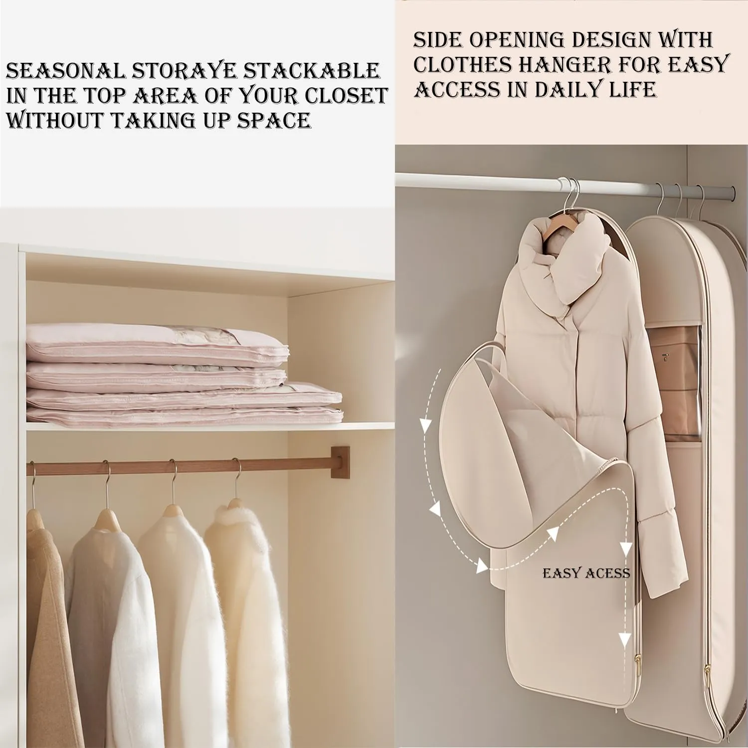 Taprinferior Hanging Garment Bag, Space Saving Hanging Garment Bag with Self Compression Zipper, Taprinferior Compression Bag for Suits, Dresses, Coats (Beige,3Pcs S)