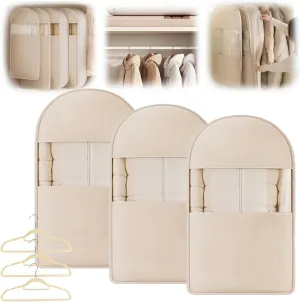 Taprinferior Hanging Garment Bag, Space Saving Hanging Garment Bag with Self Compression Zipper, Taprinferior Compression Bag for Suits, Dresses, Coats (Beige,3Pcs S)
