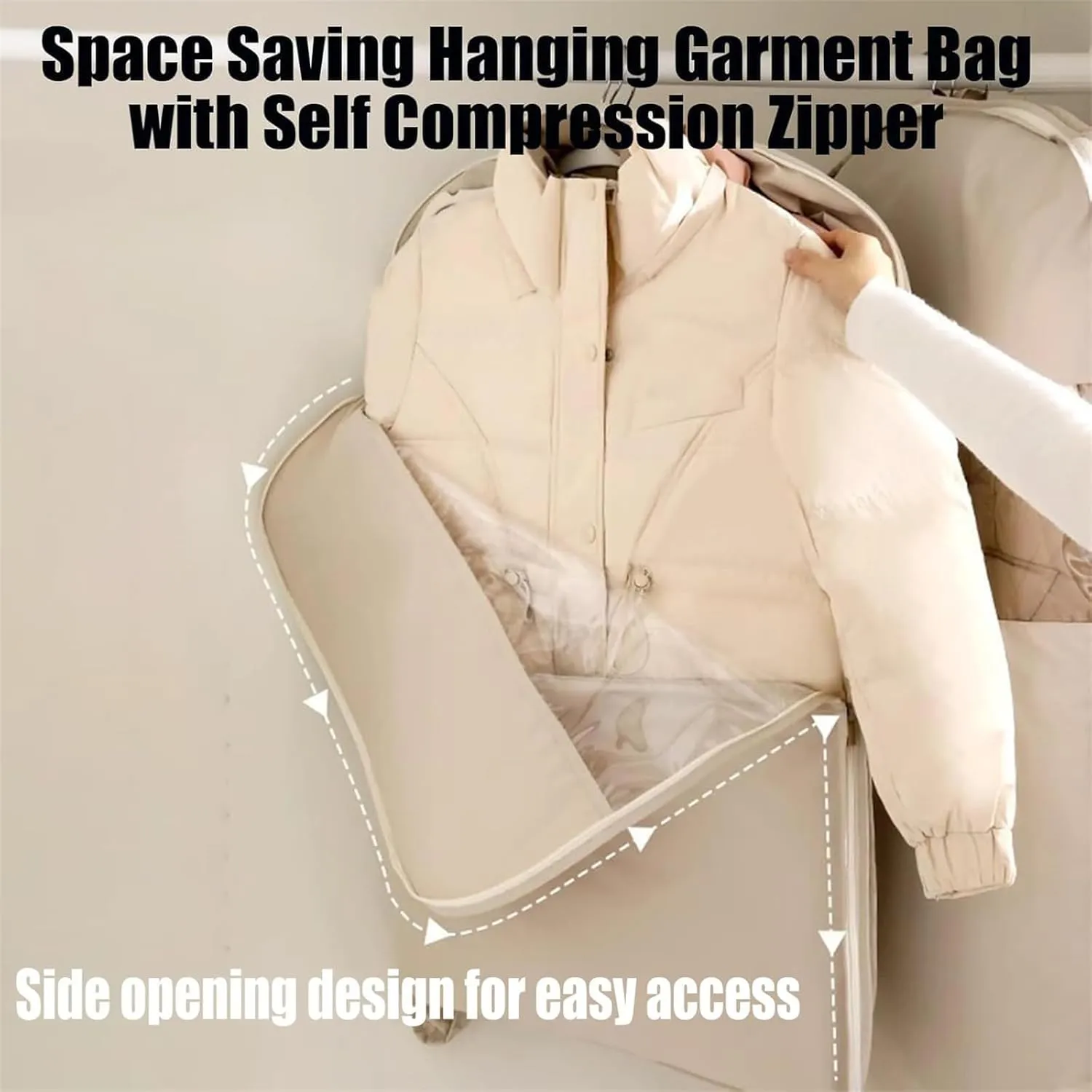 Taprinferior Hanging Garment Bag, Tapinterior Garment Bag, Space Saving Hanging Garment Bags with Self Compression Zipper, For down Coat, Suit (Oatmeal, S)