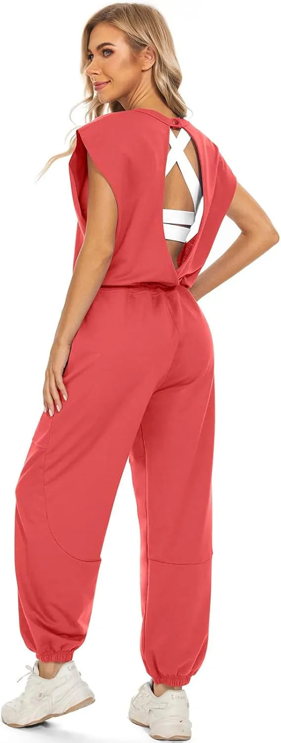 TARSE Overalls for Women Sleeveless Open Back 2023 Casual Lounge Jumpsuit Comfy Romper with Pockets