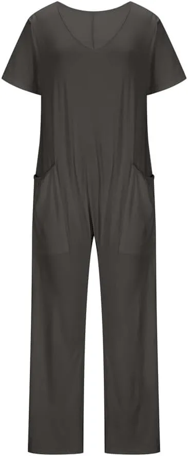 TIAFORD Women Casual jumpsuit Summer Short Sleeve V Neck Overall Baggy Wide Leg Romper One Piece Jumper Outfit with Pocket